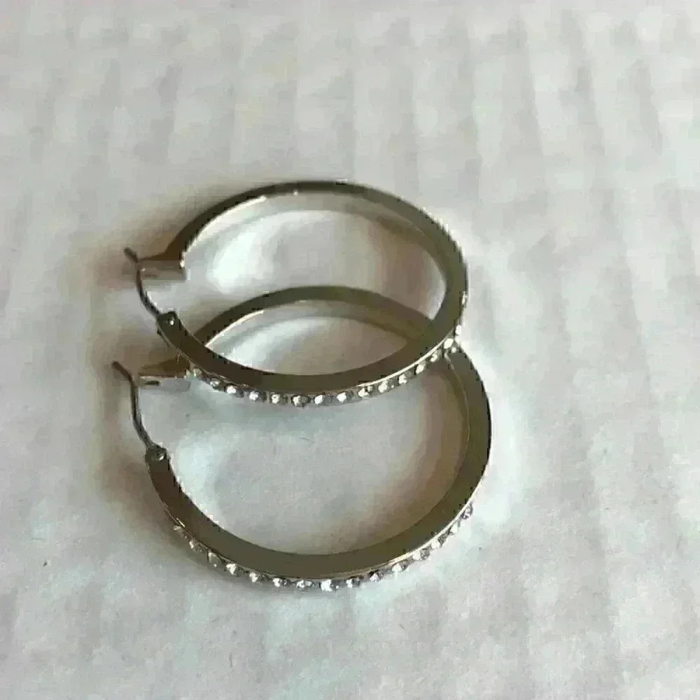 INC new Silver Tone Crystal Hoop Earrings